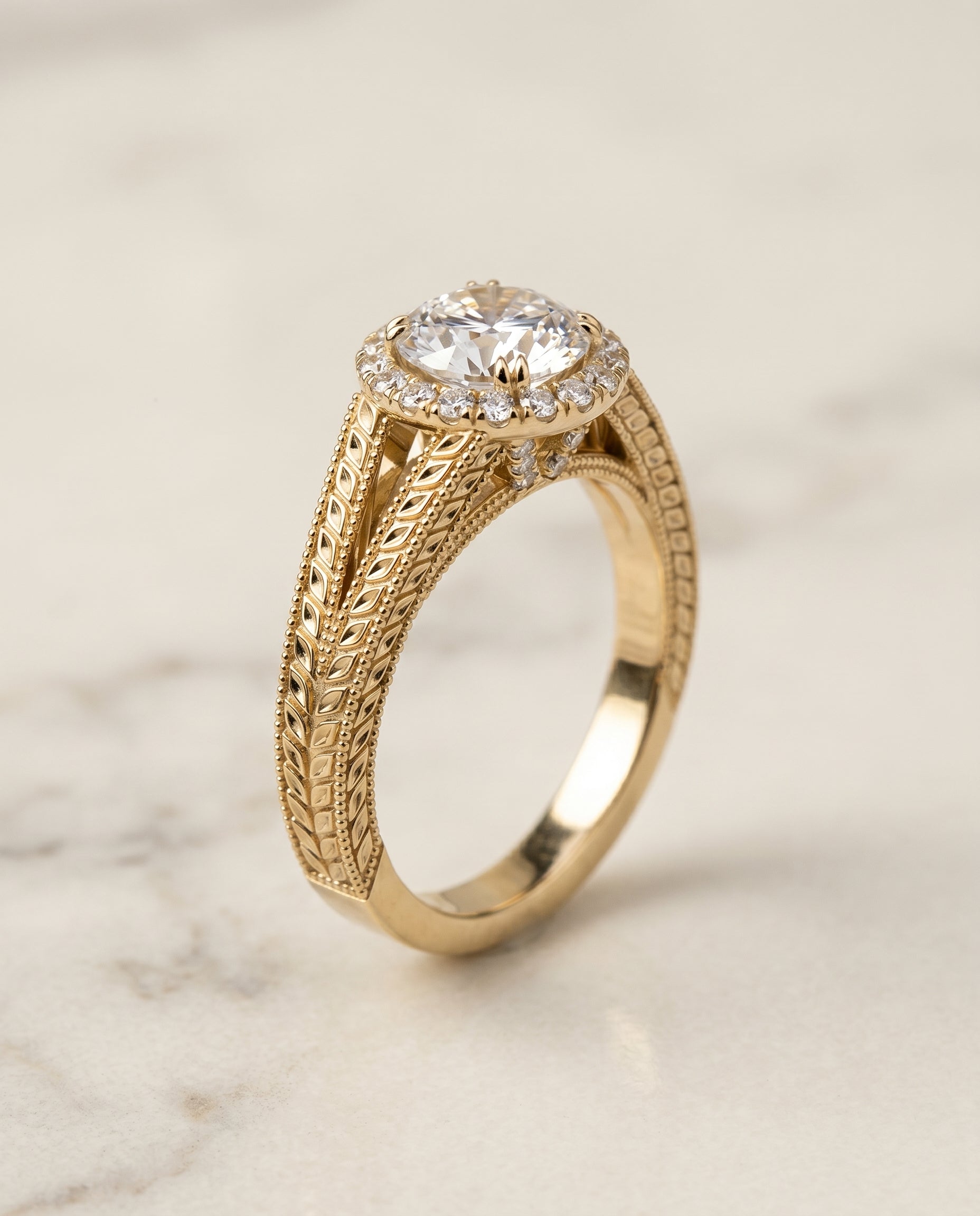 Ramona Select Vintage Wheat Engraved Halo Round Lab Diamond Engagement Ring in 18K Yellow Gold, front view | RockHer