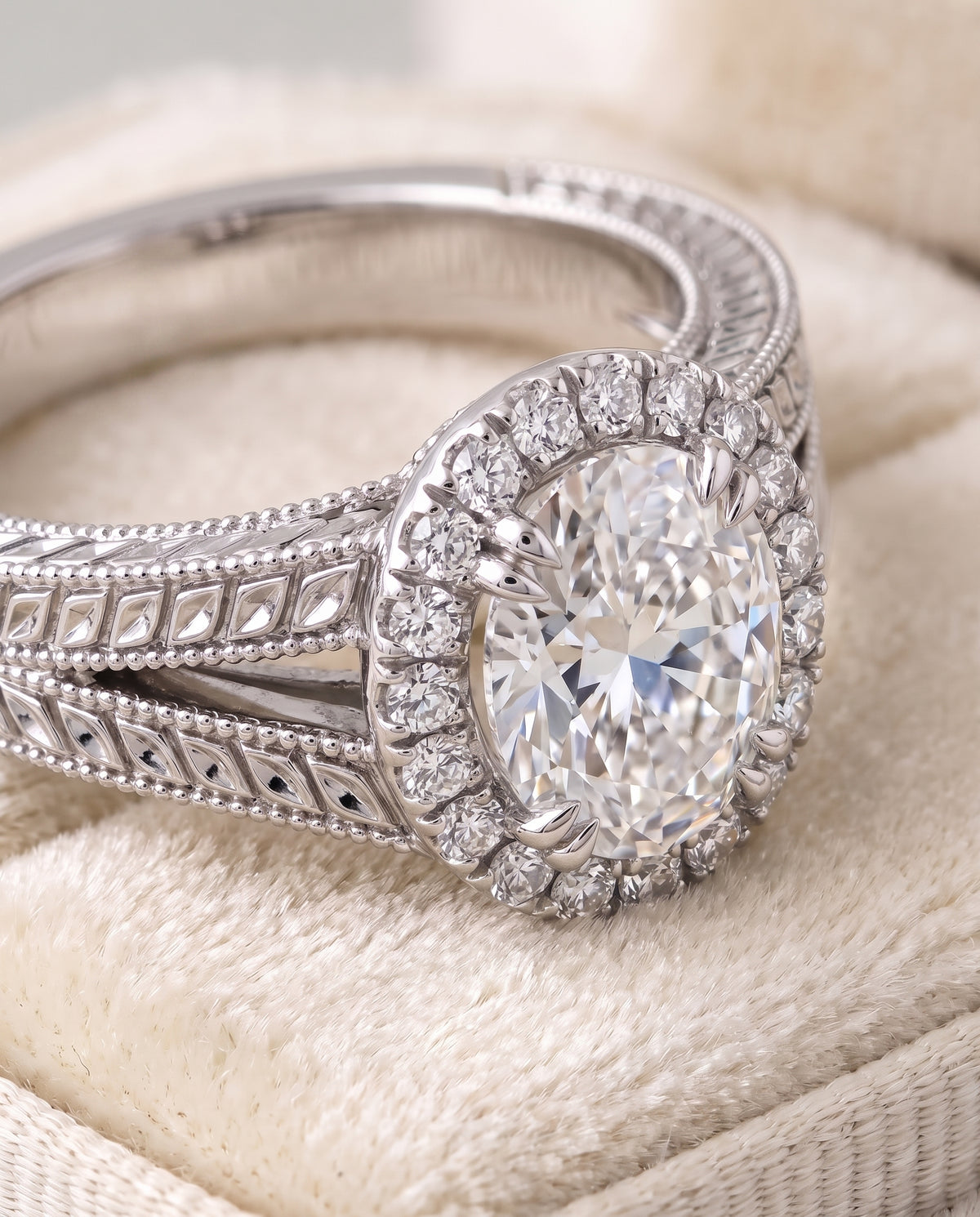 The Ramona Vintage Wheat Engraved Halo Oval Engagement Ring Setting in 18K White Gold