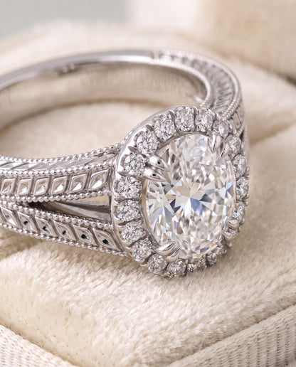 The Ramona Vintage Wheat Engraved Halo Oval Engagement Ring Setting in 18K White Gold
