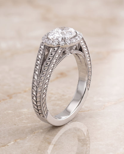 The Ramona Vintage Wheat Engraved Halo Oval Engagement Ring Setting in 18K White Gold