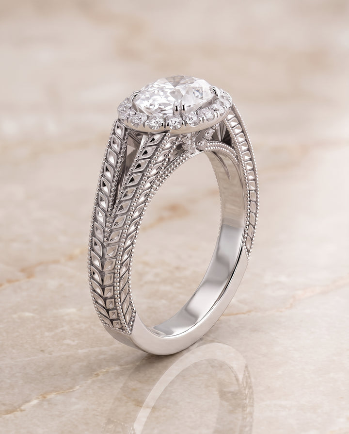 The Ramona Vintage Wheat Engraved Halo Oval Engagement Ring Setting in Platinum