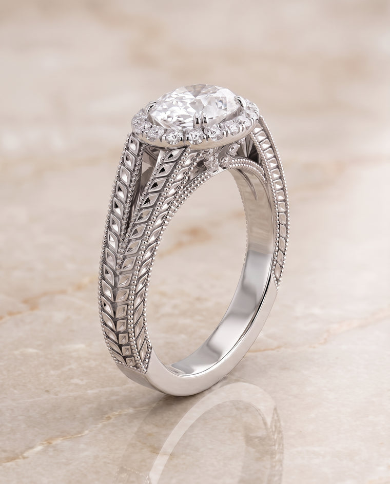 The Ramona Vintage Wheat Engraved Halo Oval Engagement Ring Setting in 18K White Gold