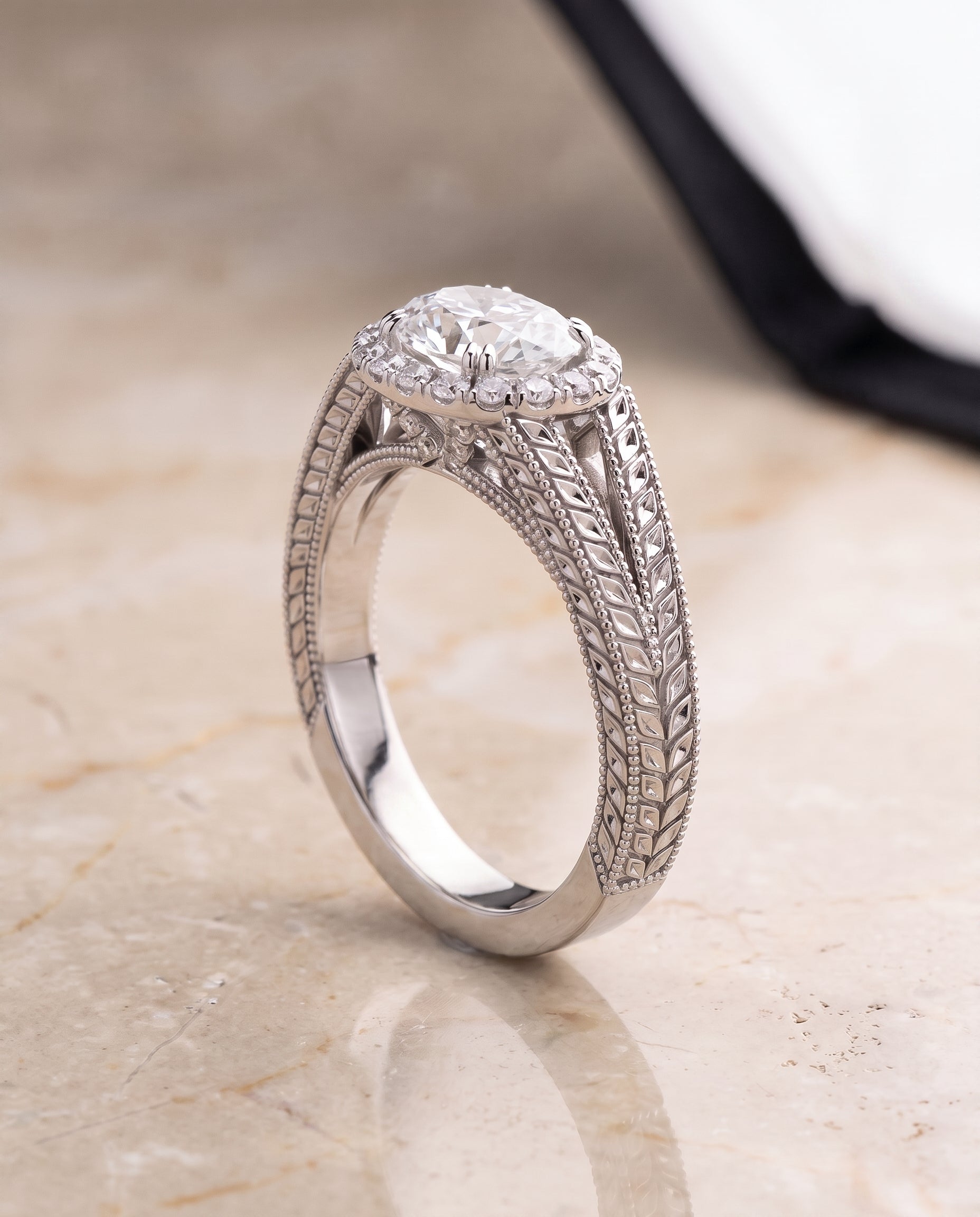 The Ramona Vintage Wheat Engraved Halo Oval Engagement Ring Setting in 18K White Gold