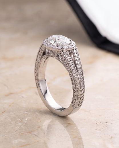 The Ramona Vintage Wheat Engraved Halo Oval Engagement Ring Setting in 18K White Gold