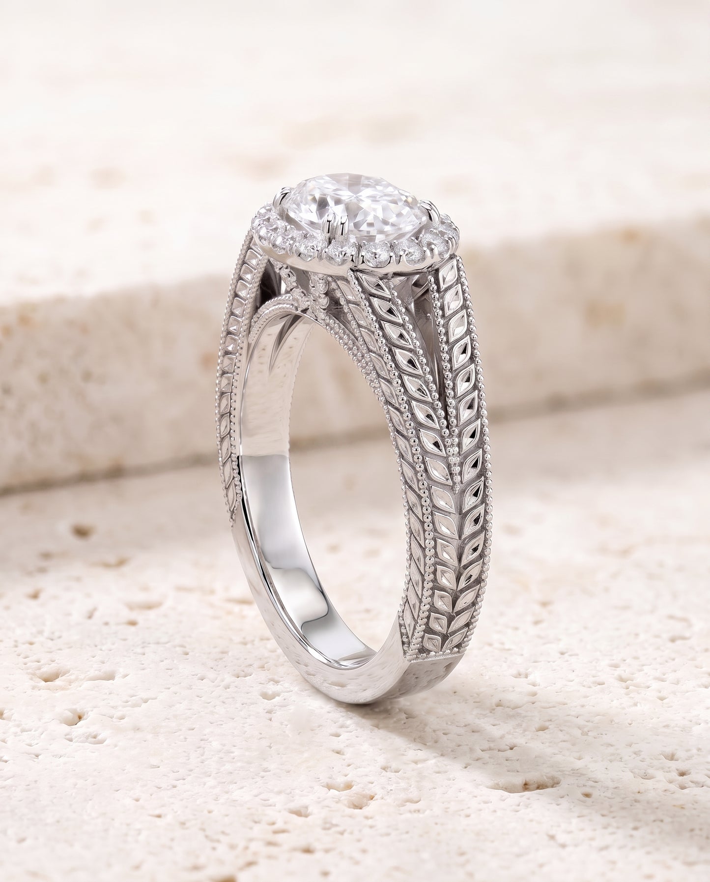 The Ramona Vintage Wheat Engraved Halo Oval Engagement Ring Setting in 18K White Gold