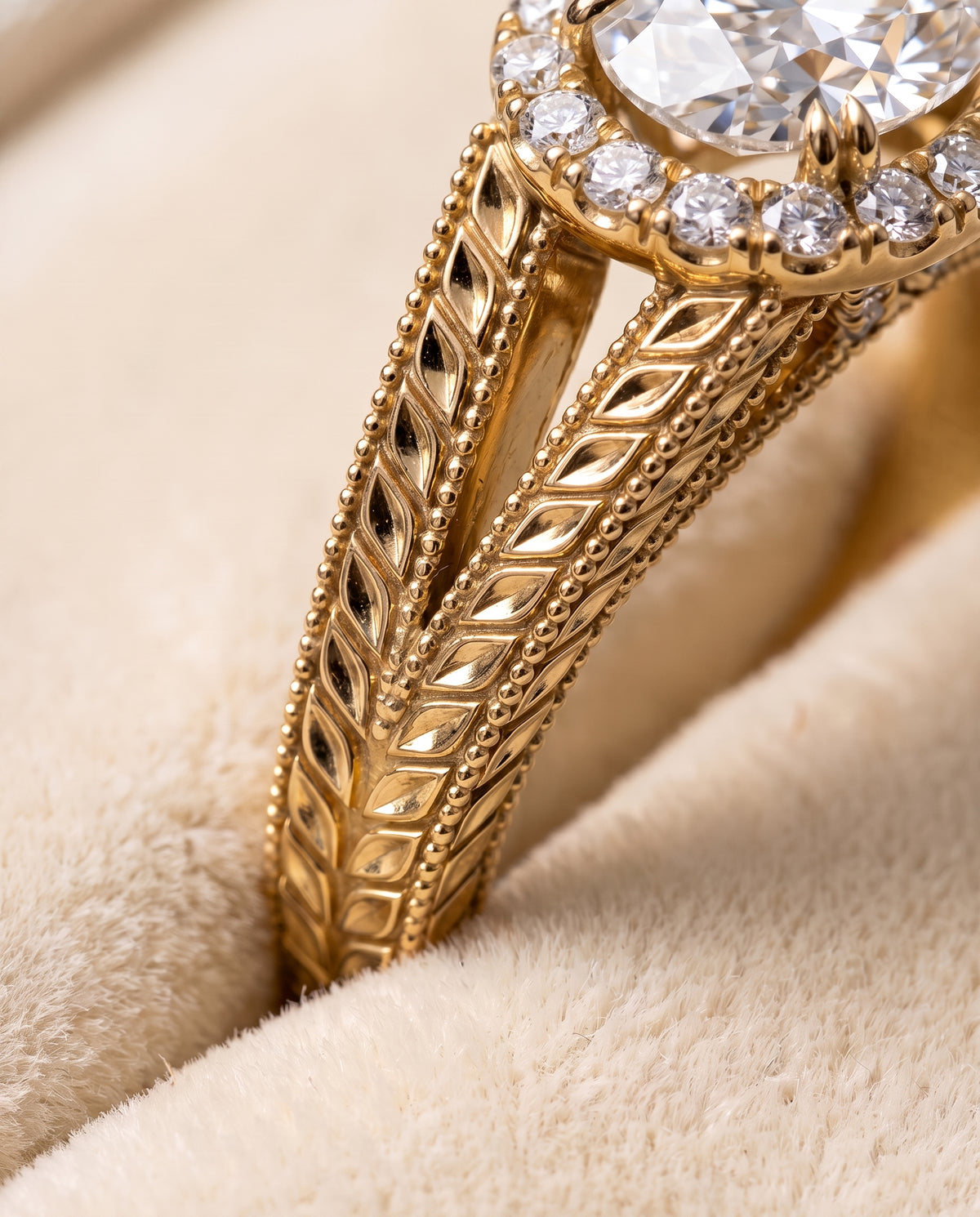 The Ramona Vintage Wheat Engraved Halo Oval Engagement Ring Setting in 18K Yellow Gold