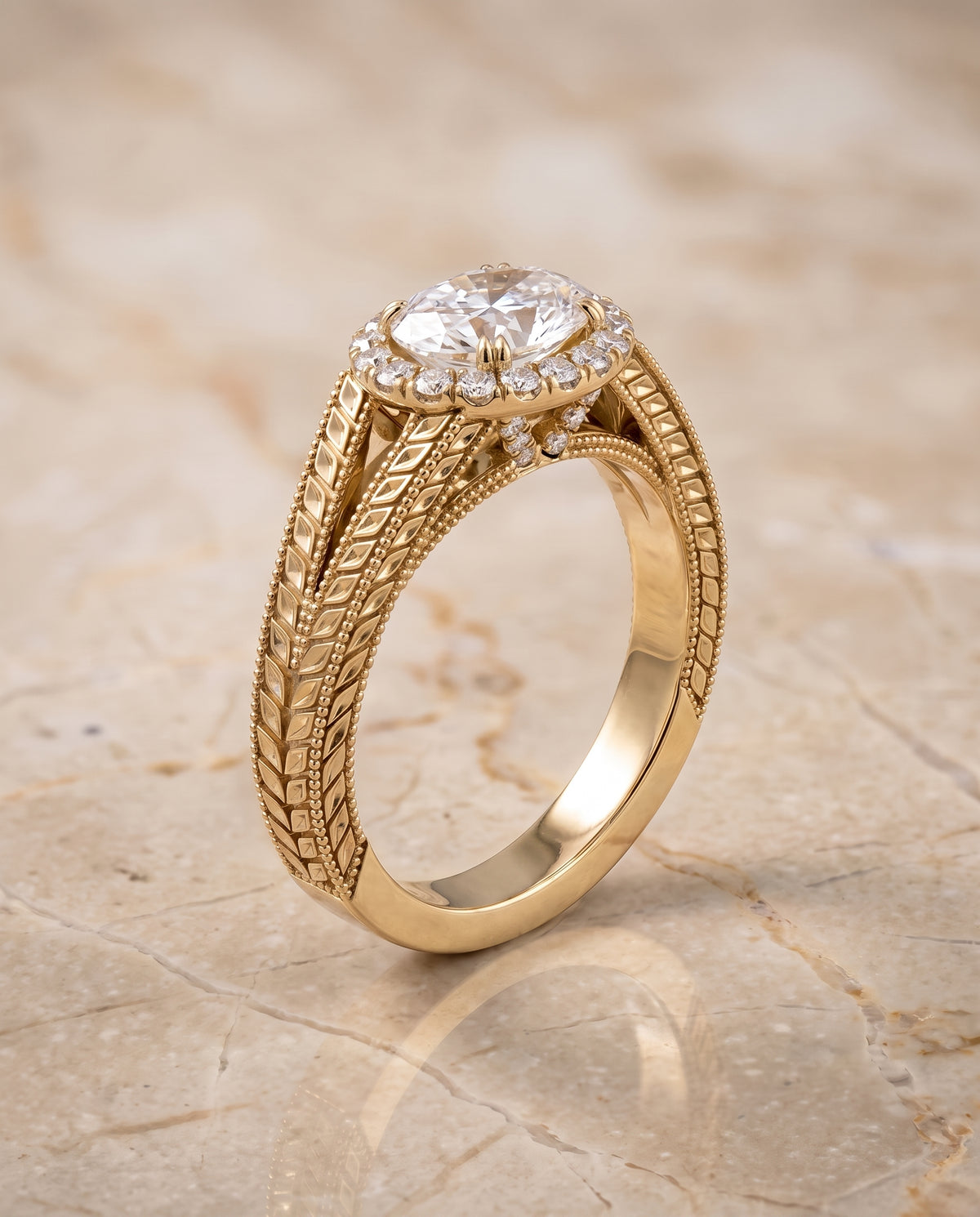 The Ramona Vintage Wheat Engraved Halo Oval Engagement Ring Setting in 18K Yellow Gold