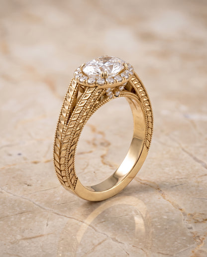 The Ramona Vintage Wheat Engraved Halo Oval Engagement Ring Setting in 18K Yellow Gold