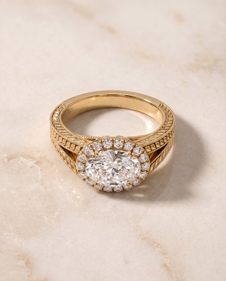 The Ramona Vintage Wheat Engraved Halo Oval Engagement Ring Setting in 18K Yellow Gold