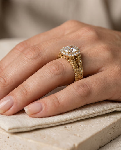 The Ramona Vintage Wheat Engraved Halo Oval Engagement Ring Setting in 18K Yellow Gold