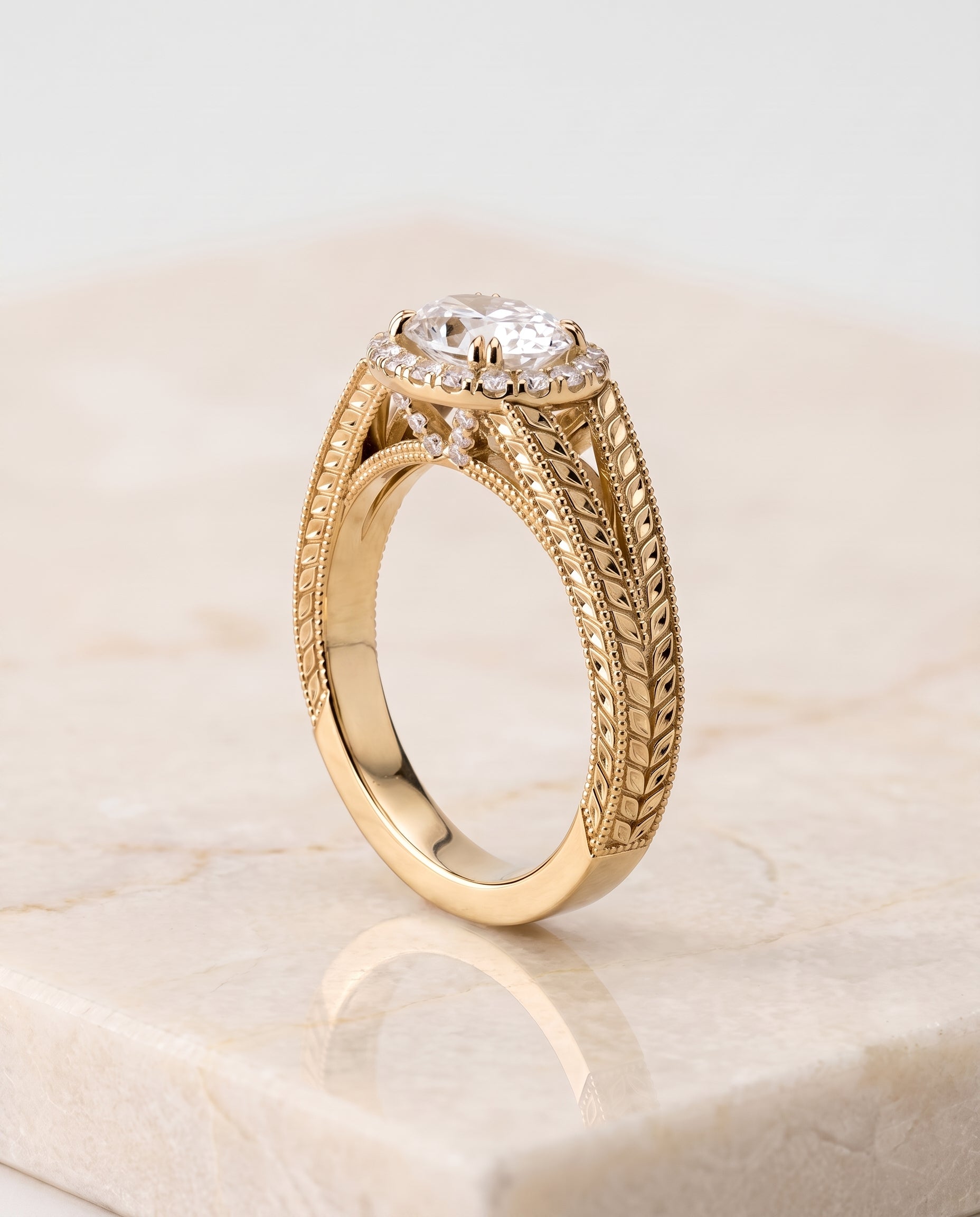 The Ramona Vintage Wheat Engraved Halo Oval Engagement Ring Setting in 18K Yellow Gold