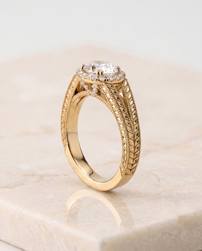 The Ramona Vintage Wheat Engraved Halo Oval Engagement Ring Setting in 18K Yellow Gold