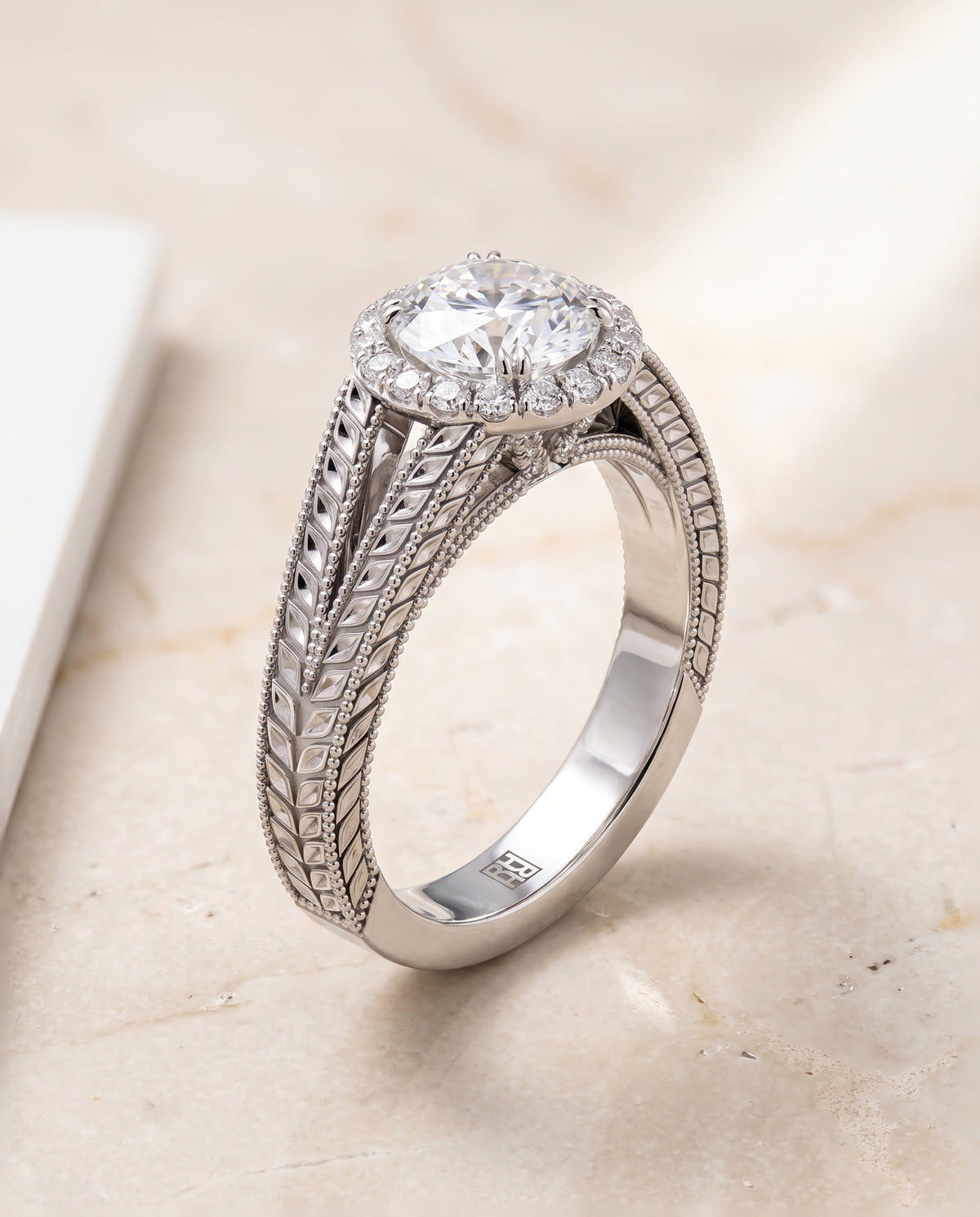Round engagement ring setting in Platinum, Ramona Vintage Wheat Engraved Halo Round, alternate view | RockHer