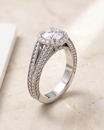Round engagement ring setting in Platinum, Ramona Vintage Wheat Engraved Halo Round, alternate view | RockHer