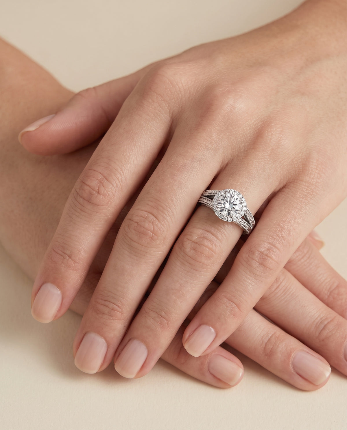Round engagement ring setting in Platinum, Ramona Vintage Wheat Engraved Halo Round, alternate view | RockHer