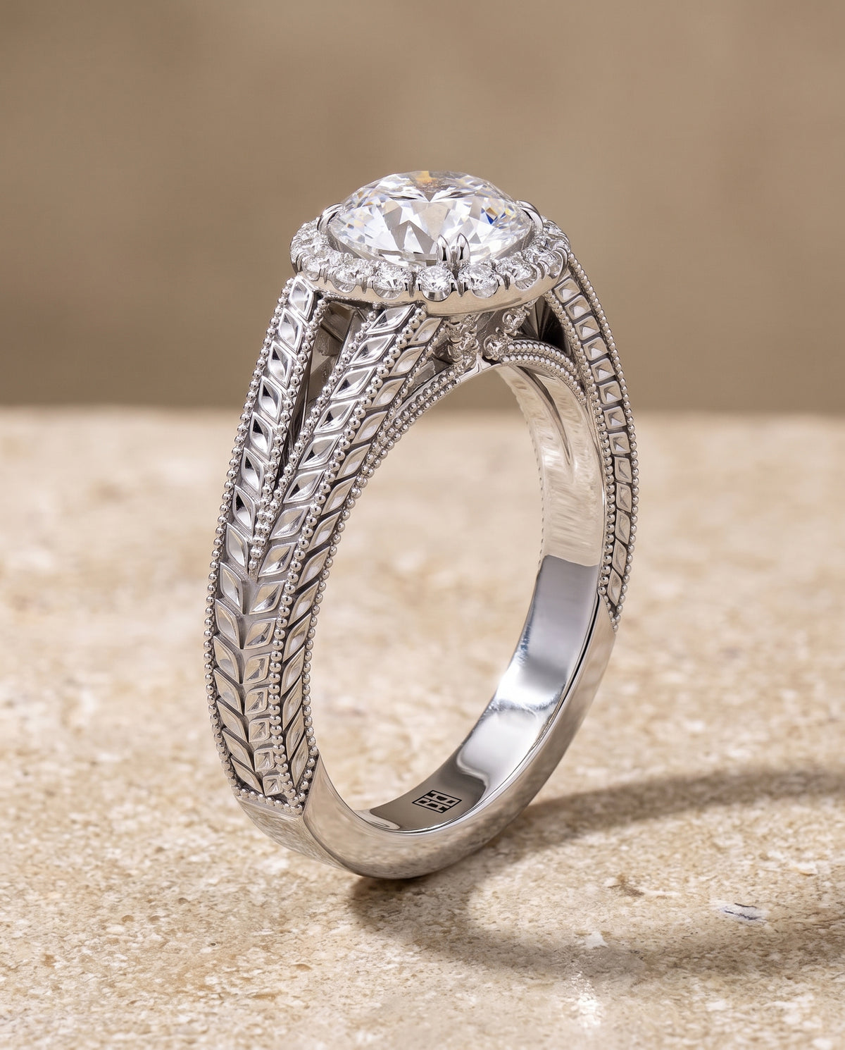 Round engagement ring setting in Platinum, Ramona Vintage Wheat Engraved Halo Round, alternate view | RockHer