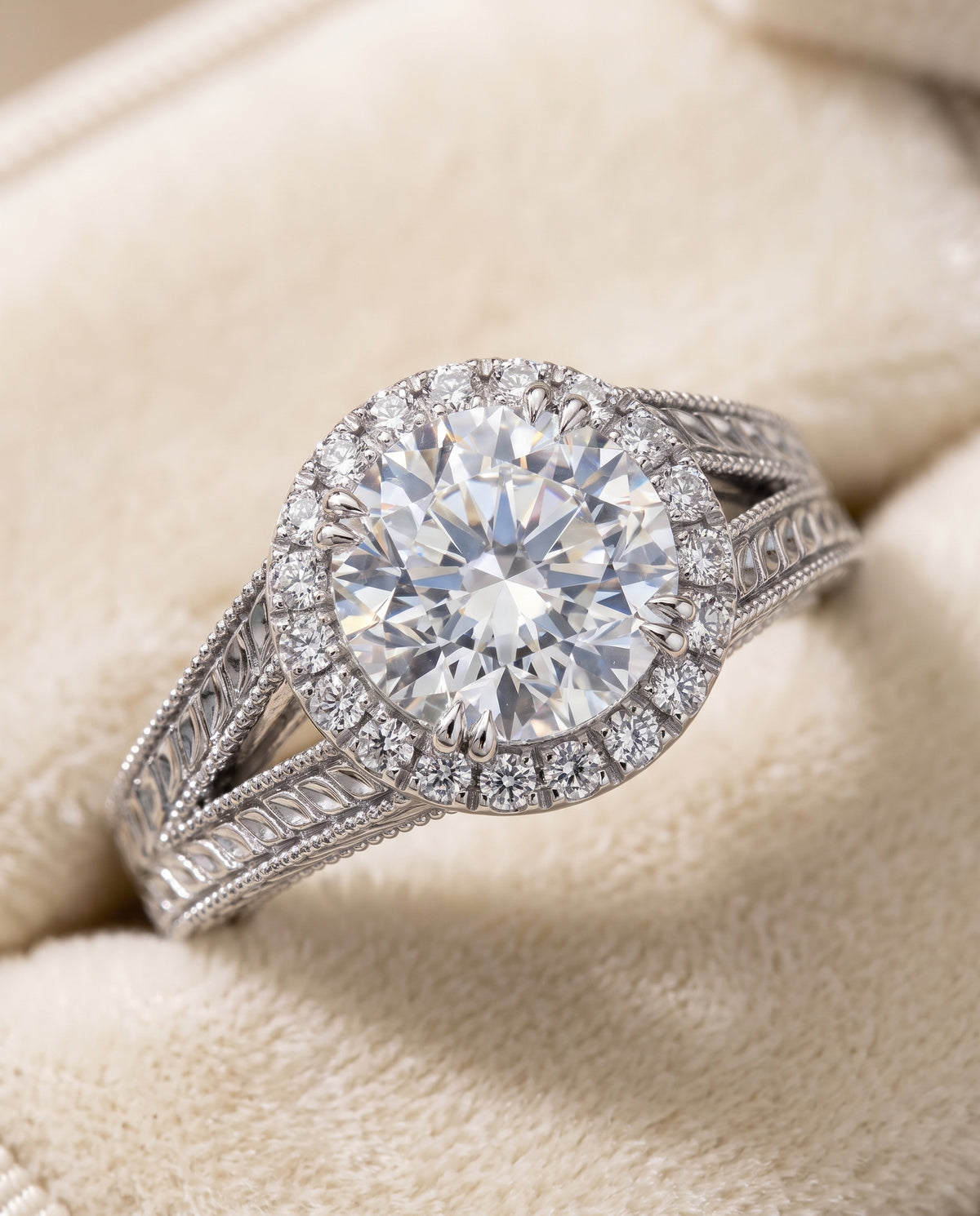 Round engagement ring setting in Platinum, Ramona Vintage Wheat Engraved Halo Round, alternate view | RockHer