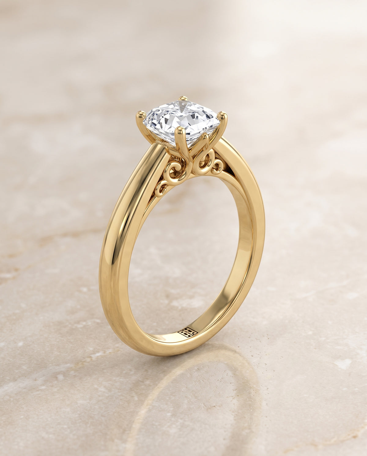 The Rio Scroll Gallery Comfort Fit Solitaire Asscher Cut Engagement Ring Setting in 18K Yellow Gold