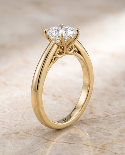 The Rio Scroll Gallery Comfort Fit Solitaire Asscher Cut Engagement Ring Setting in 18K Yellow Gold