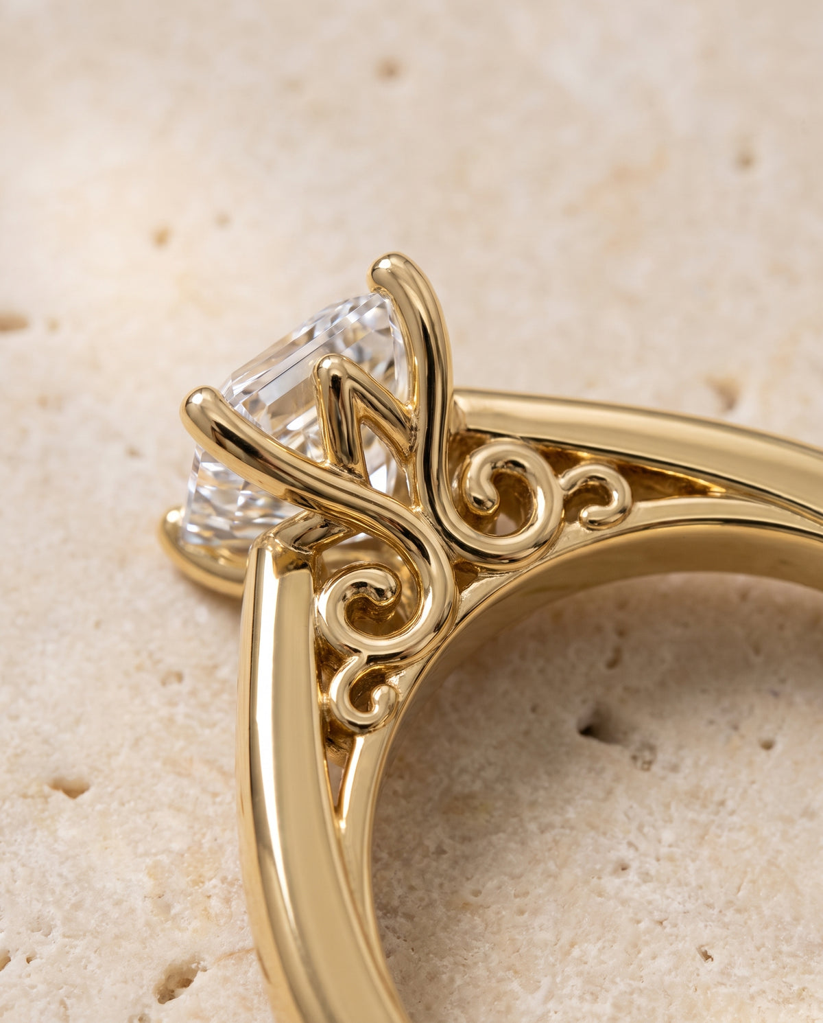 The Rio Scroll Gallery Comfort Fit Solitaire Asscher Cut Engagement Ring Setting in 18K Yellow Gold