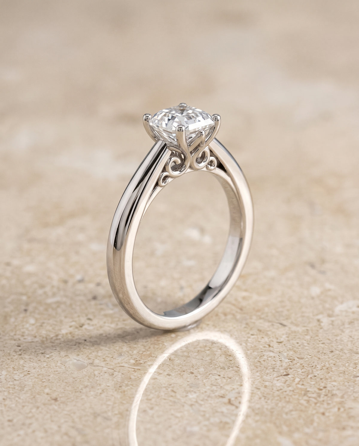 The Rio Scroll Gallery Comfort Fit Solitaire Asscher Cut Engagement Ring Setting in Platinum