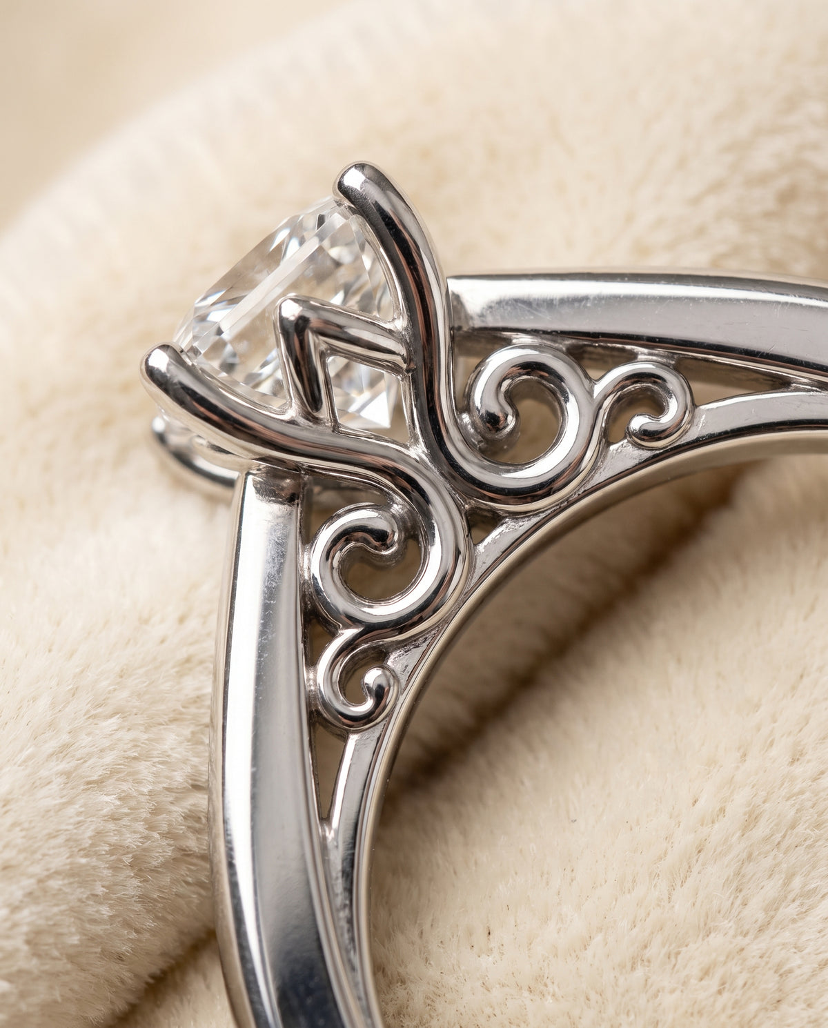 The Rio Scroll Gallery Comfort Fit Solitaire Asscher Cut Engagement Ring Setting in Platinum