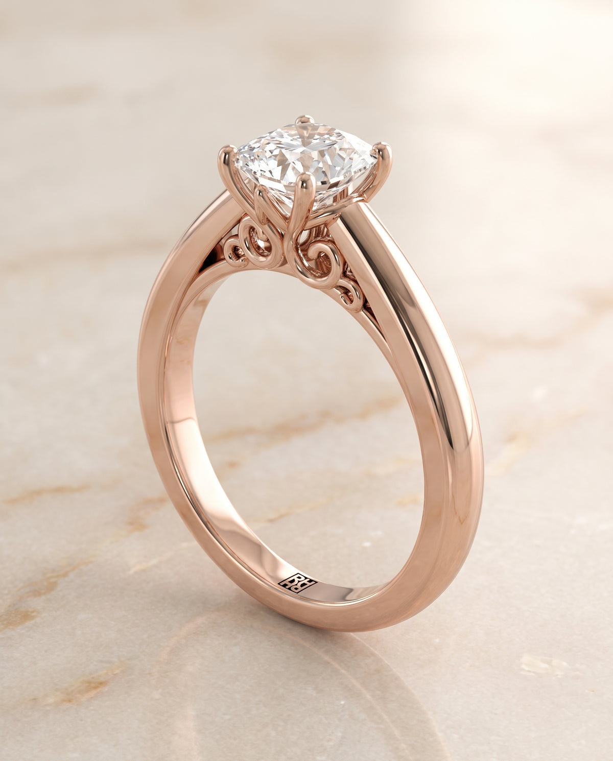 The Rio Scroll Gallery Comfort Fit Solitaire Cushion Cut Engagement Ring Setting in 14K Rose Gold