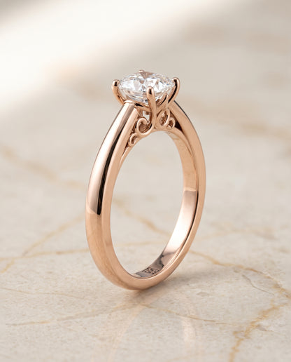 The Rio Scroll Gallery Comfort Fit Solitaire Cushion Cut Engagement Ring Setting in 14K Rose Gold