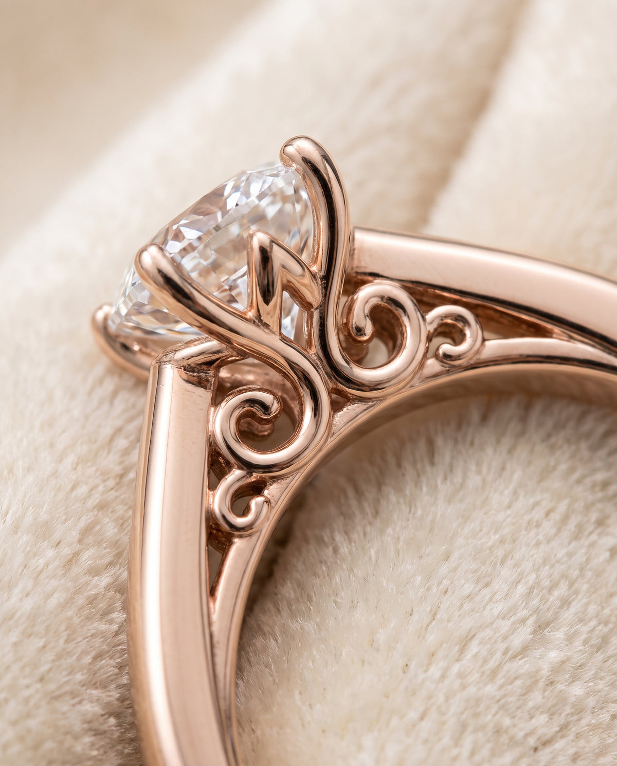 The Rio Scroll Gallery Comfort Fit Solitaire Cushion Cut Engagement Ring Setting in 14K Rose Gold