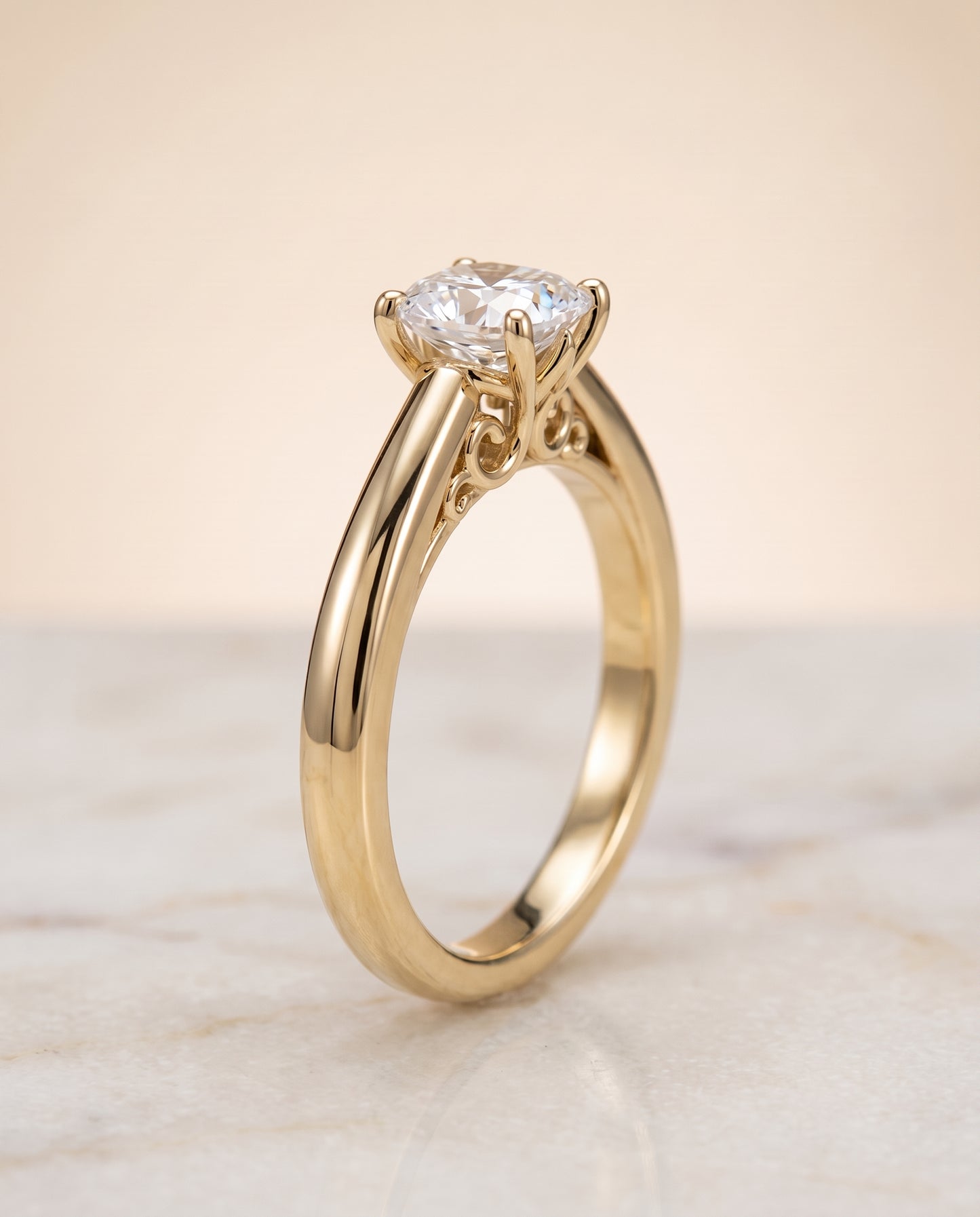 The Rio Scroll Gallery Comfort Fit Solitaire Cushion Cut Engagement Ring Setting in 18K Yellow Gold