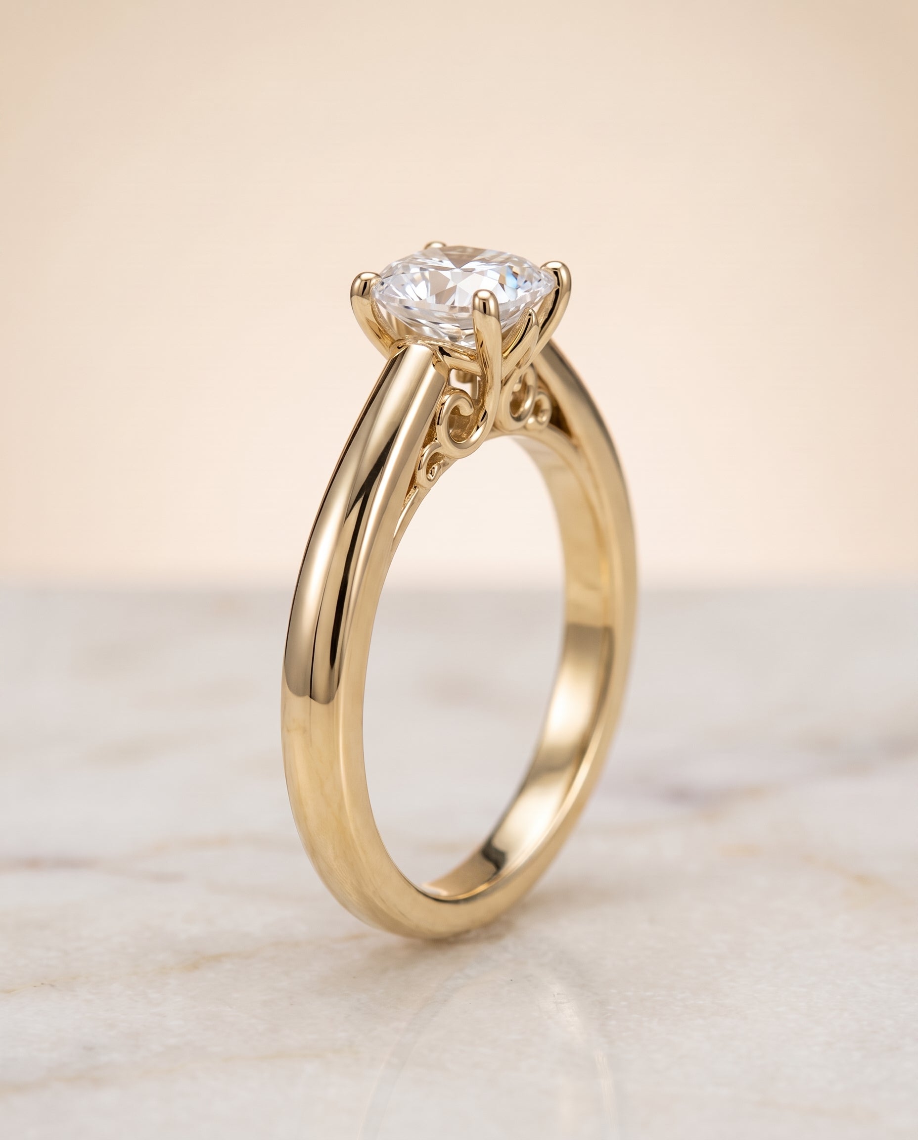 Scroll Gallery Comfort Fit Solitaire Cut styling on The Rio cushion engagement ring setting | RockHer