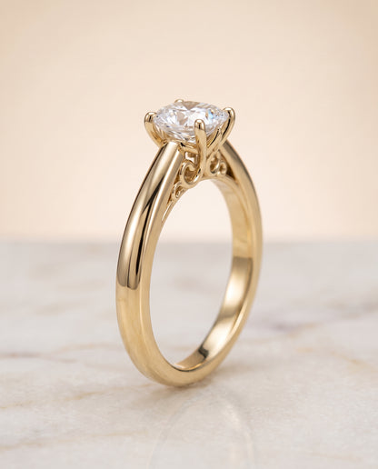 The Rio Scroll Gallery Comfort Fit Solitaire Cushion Cut Engagement Ring Setting in 18K Yellow Gold