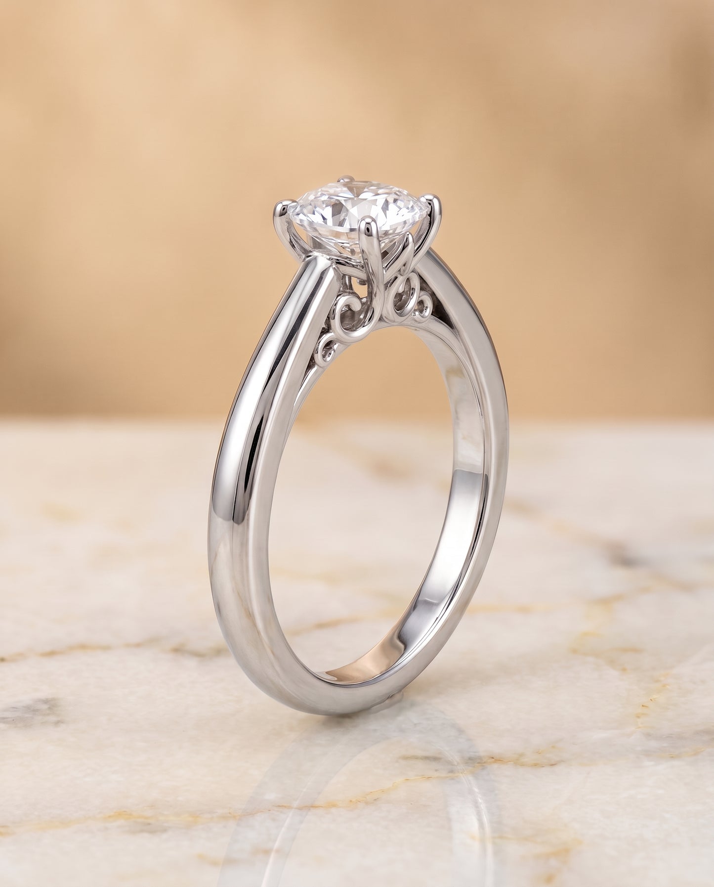 The Rio Scroll Gallery Comfort Fit Solitaire Cushion Cut Engagement Ring Setting in Platinum