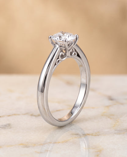 The Rio Scroll Gallery Comfort Fit Solitaire Cushion Cut Engagement Ring Setting in Platinum