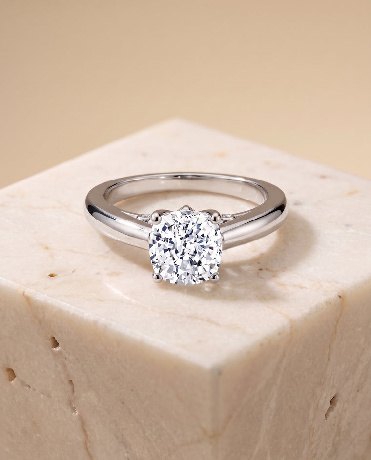 The Rio Scroll Gallery Comfort Fit Solitaire Cushion Cut Engagement Ring Setting in Platinum