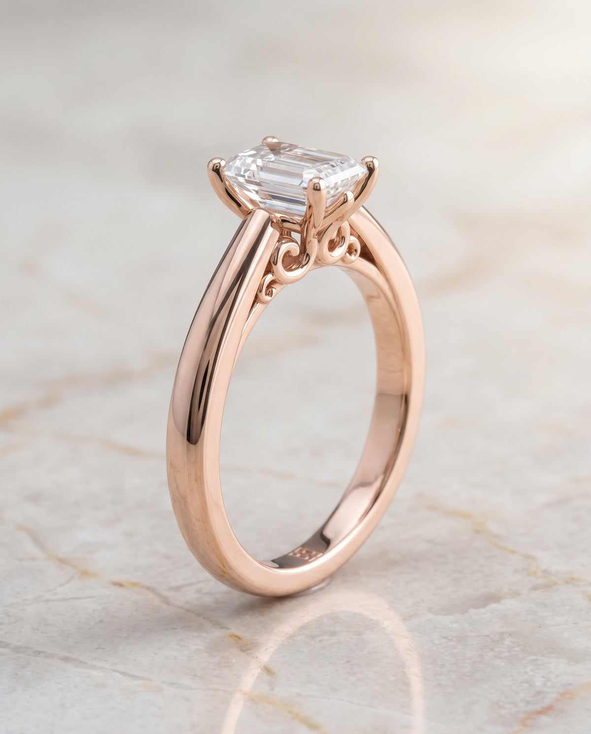 The Rio Scroll Gallery Comfort Fit Solitaire Emerald Cut Engagement Ring Setting in 14K Rose Gold