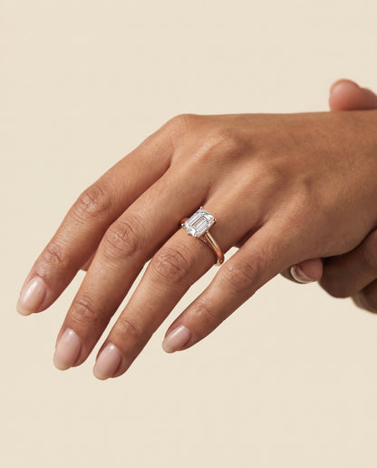 The Rio Scroll Gallery Comfort Fit Solitaire Emerald Cut Engagement Ring Setting in 14K Rose Gold