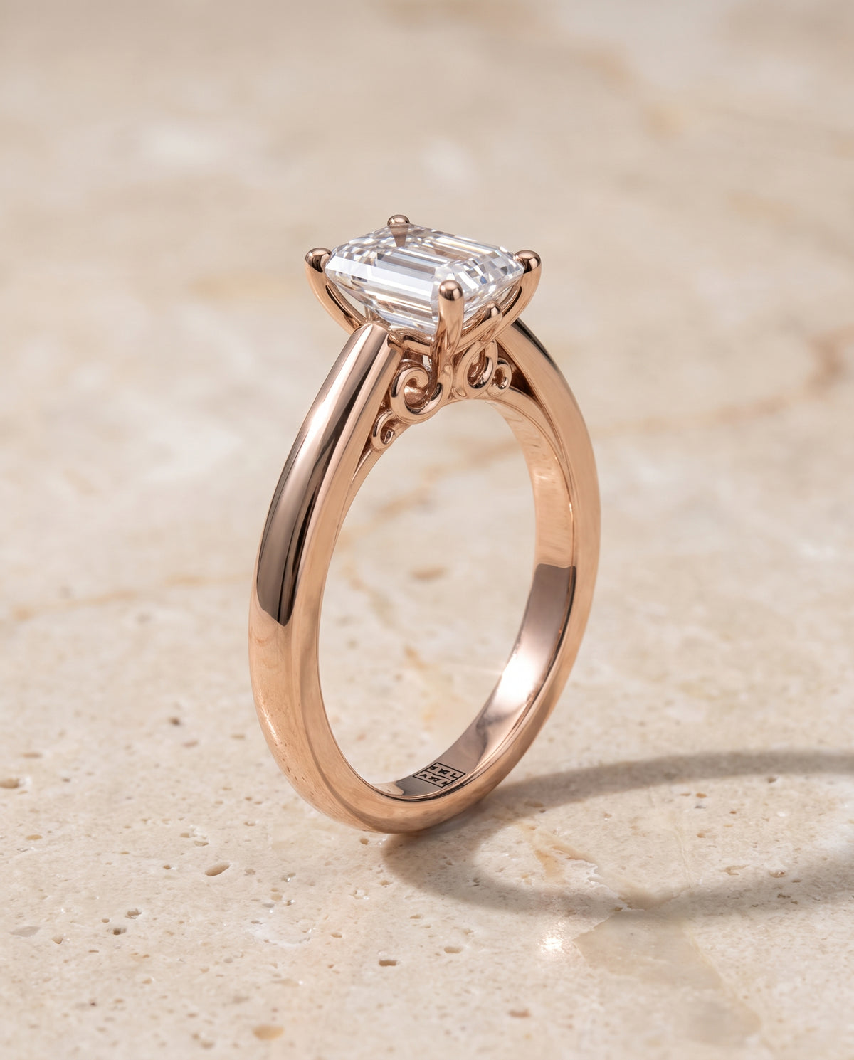 The Rio Scroll Gallery Comfort Fit Solitaire Emerald Cut Engagement Ring Setting in 14K Rose Gold