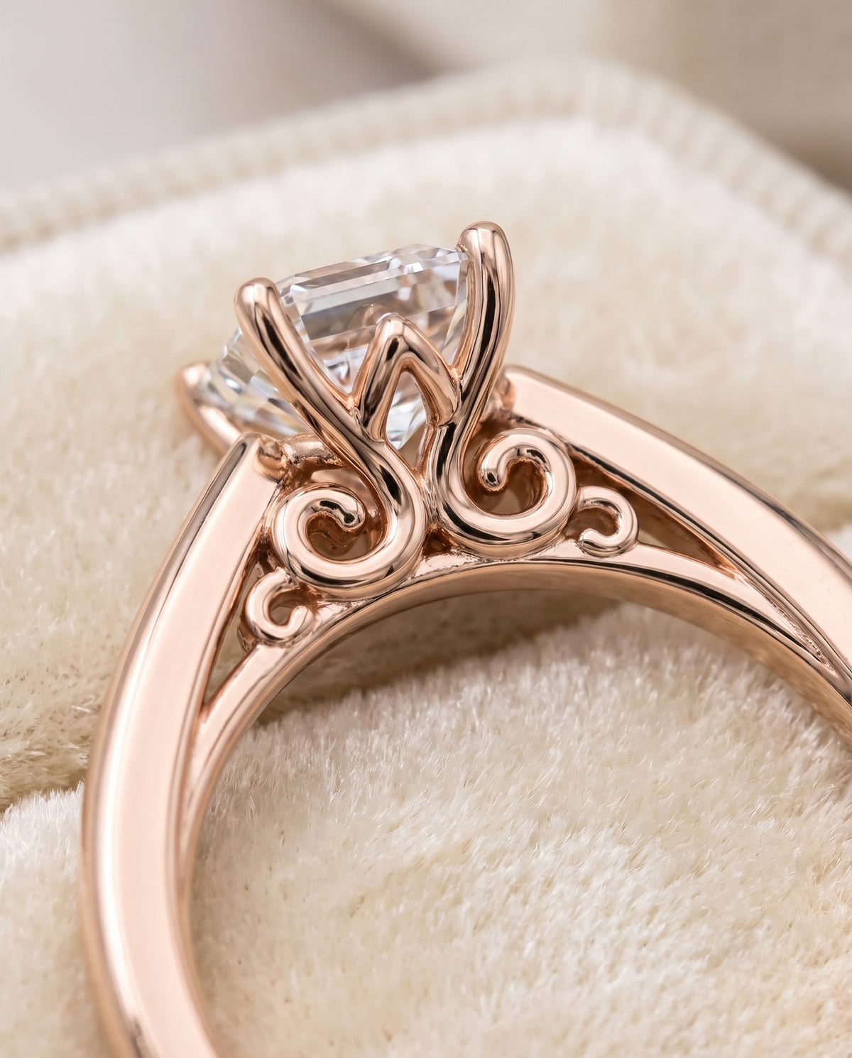 The Rio Scroll Gallery Comfort Fit Solitaire Emerald Cut Engagement Ring Setting in 14K Rose Gold