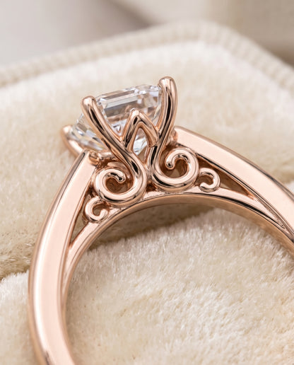 The Rio Scroll Gallery Comfort Fit Solitaire Emerald Cut Engagement Ring Setting in 14K Rose Gold