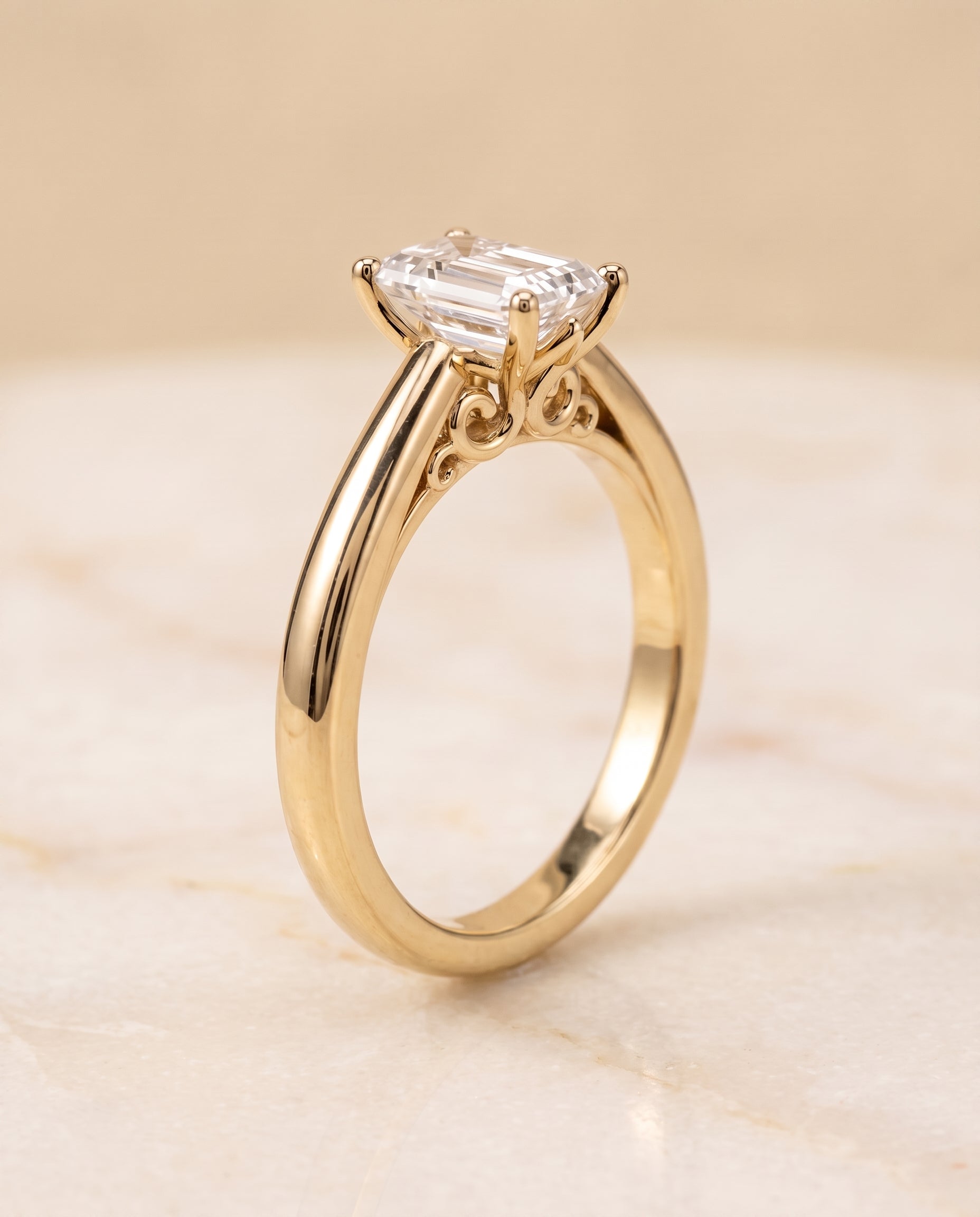 Scroll Gallery Comfort Fit Solitaire Cut styling on The Rio emerald engagement ring setting | RockHer