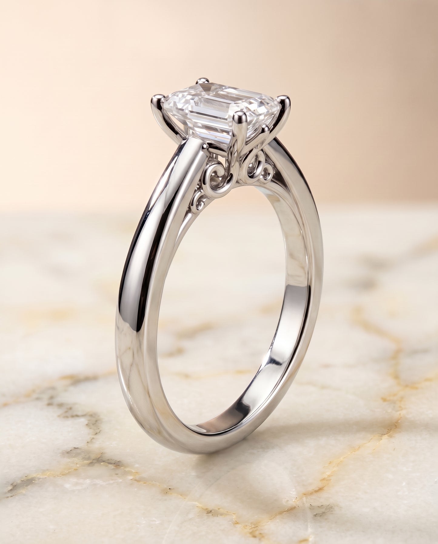The Rio Scroll Gallery Comfort Fit Solitaire Emerald Cut Engagement Ring Setting in 18K White Gold