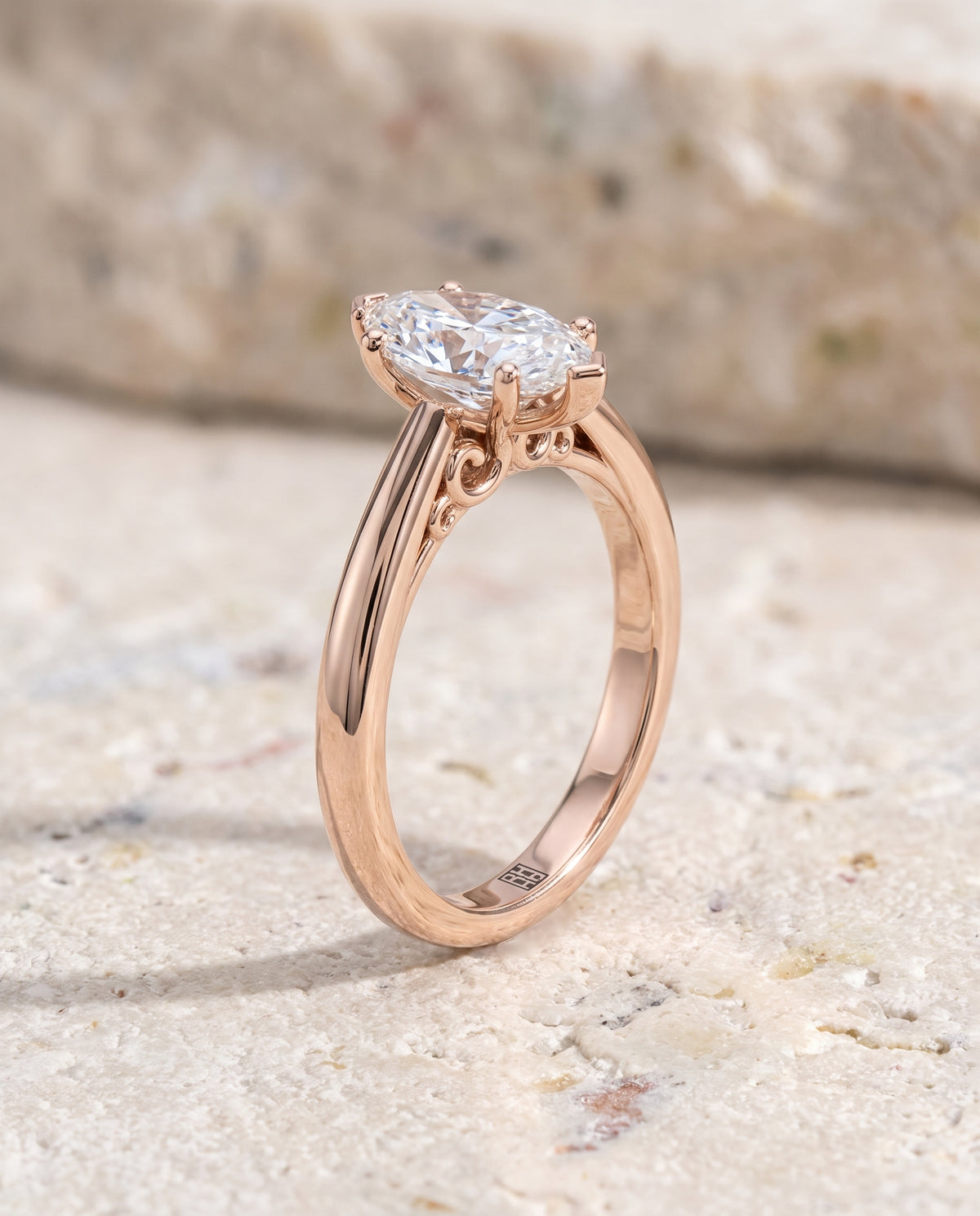 The Rio Scroll Gallery Comfort Fit Solitaire Marquise Engagement Ring Setting in 14K Rose Gold