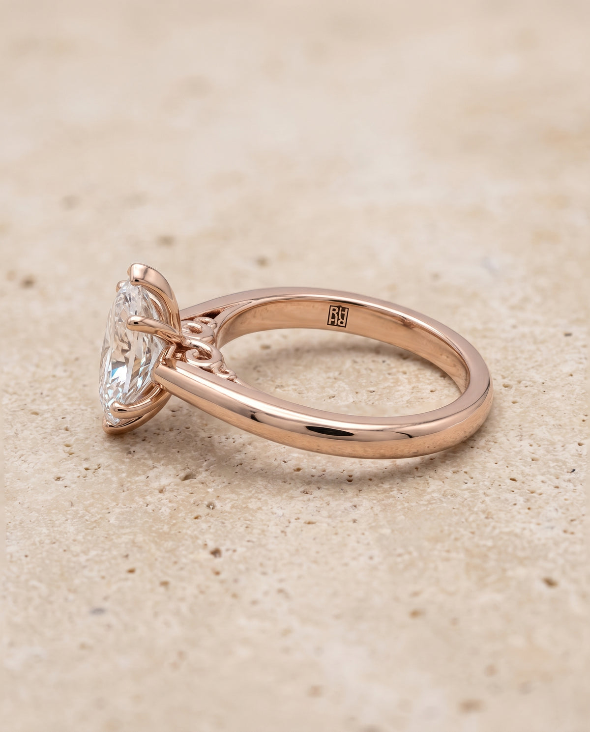 The Rio Scroll Gallery Comfort Fit Solitaire Marquise Engagement Ring Setting in 14K Rose Gold
