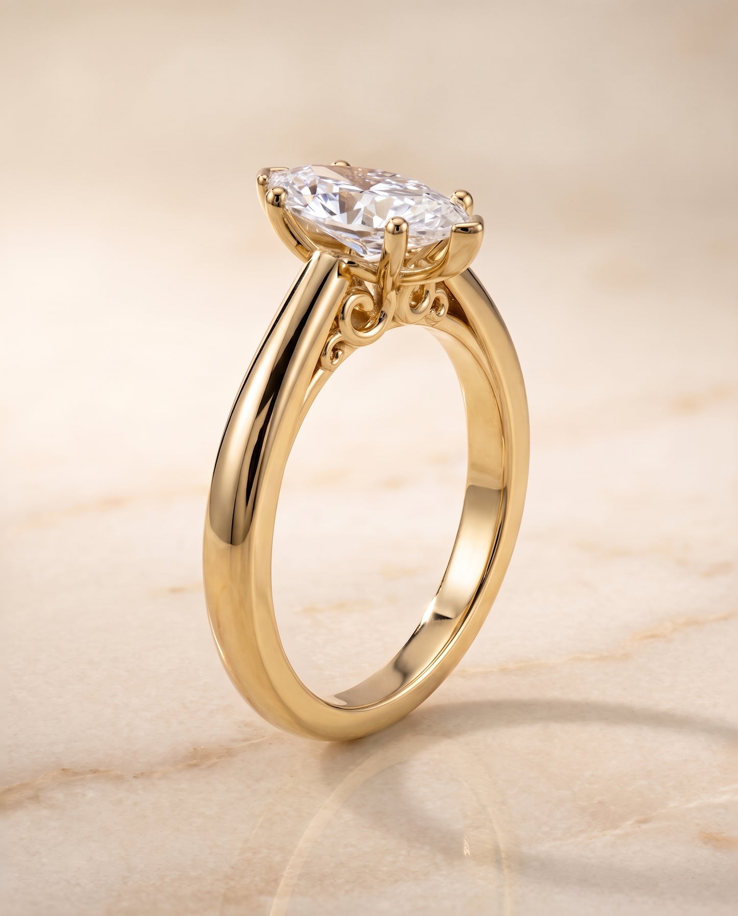 The Rio Scroll Gallery Comfort Fit Solitaire Marquise Engagement Ring Setting in 18K Yellow Gold