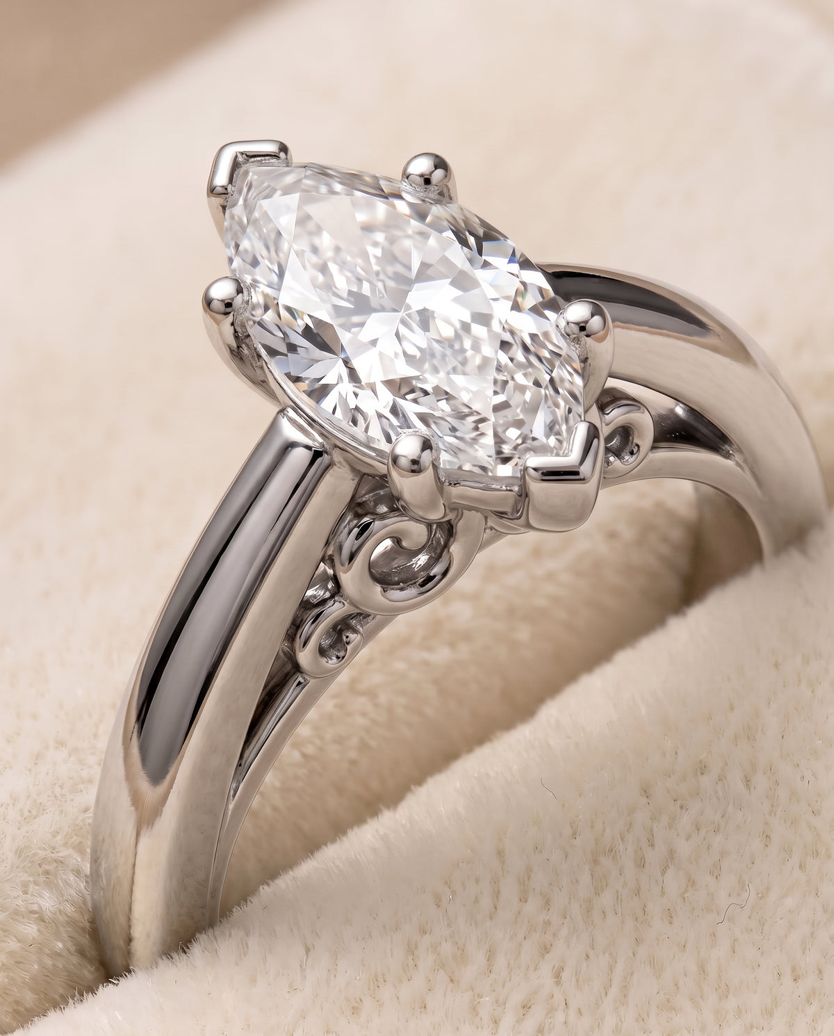 The Rio Scroll Gallery Comfort Fit Solitaire Marquise Engagement Ring Setting in Platinum
