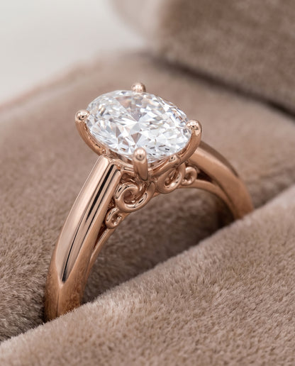 The Rio Scroll Gallery Comfort Fit Solitaire Oval Engagement Ring Setting in 14K Rose Gold