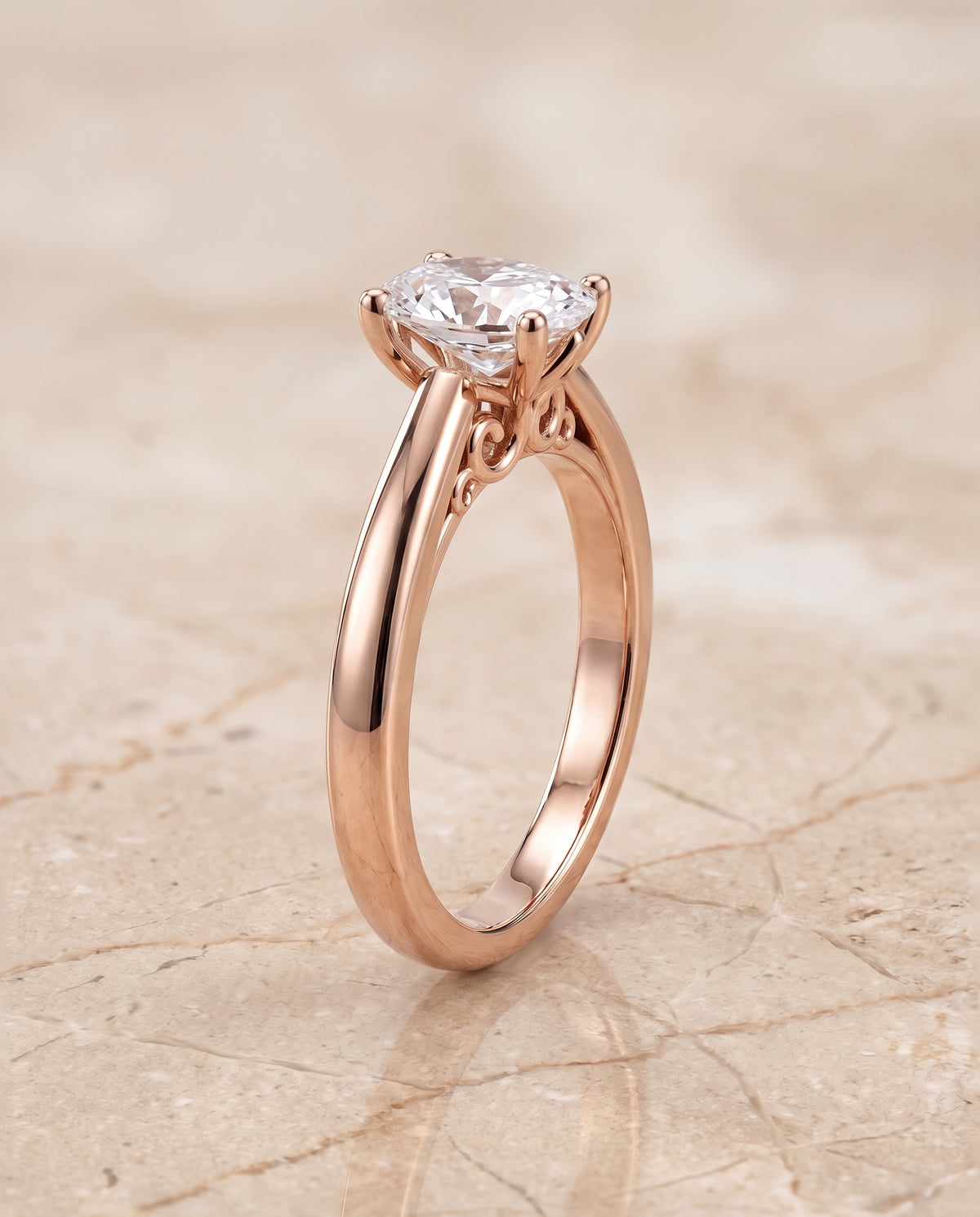 The Rio Scroll Gallery Comfort Fit Solitaire Oval Engagement Ring Setting in 14K Rose Gold