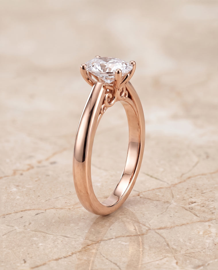 The Rio Scroll Gallery Comfort Fit Solitaire Oval Engagement Ring Setting in 14K Rose Gold