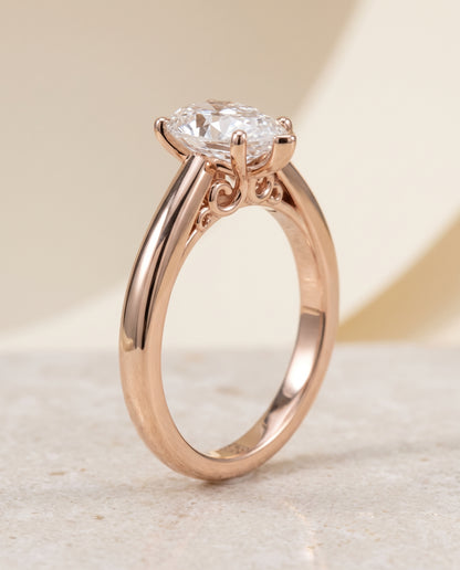 Pear engagement ring setting in 14K Rose Gold, Rio Scroll Gallery Comfort Fit Solitaire Pear, alternate view | RockHer